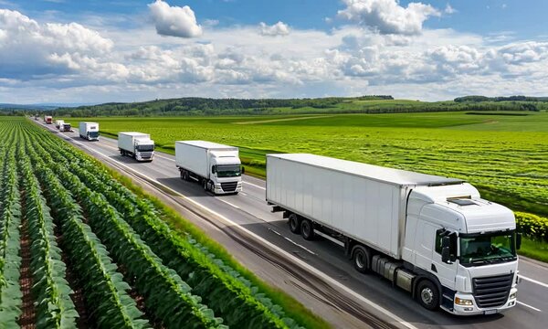 Multiple trucks travel in a line along a scenic road lined with vibrant green fields, showcasing the beauty of rural landscapes on a clear day