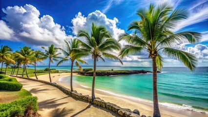 Fototapeta premium Palm trees sway above a tranquil oceanfront beach with clear turquoise water, white sand, and a scenic coastal walkway in Kapolei, Hawaii.