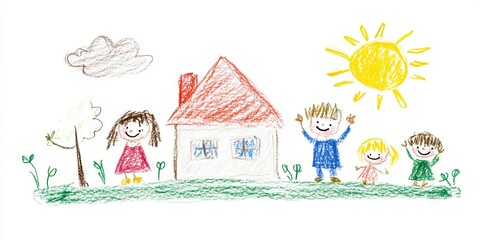 Obraz premium Naïve children's drawing with colored chalk on white paper, made by hand by a child, family and a house, isolated on white background