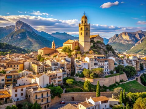 Panoramic view of Polop de la Marina town with medieval Muslim fortress, San Pedro Church, and majestic mountains in the background, Marina Baixa, Alicante, Spain.
