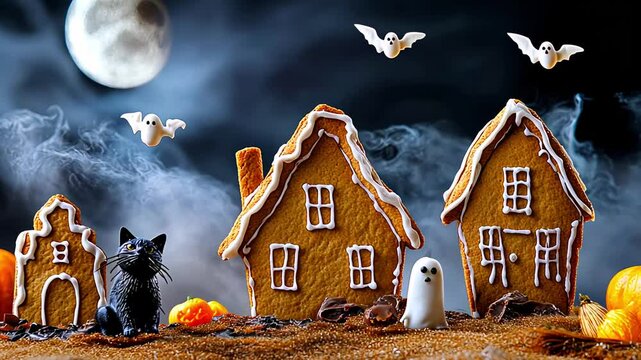Funny Halloween scene with gingerbread houses, ghosts, pumpkin, moon and cat