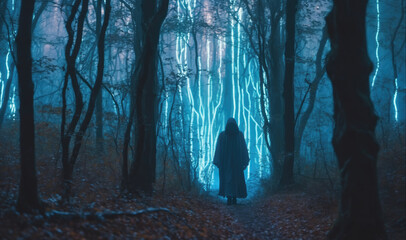 A person walks through a forest at night. The trees are illuminated by a blue light, creating an ethereal and mysterious atmosphere