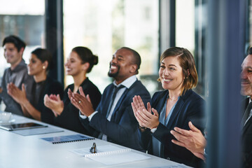 Applause, success or presentation with smile of business people for support, seminar and...