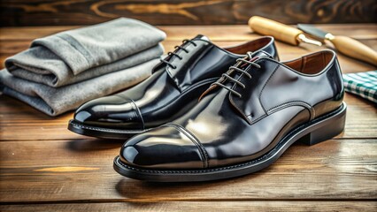 Polished black leather derby shoes lying on a worktable, with a cleaner and soft cloth nearby, awaiting a meticulous cleaning process in a tidy workshop setting.