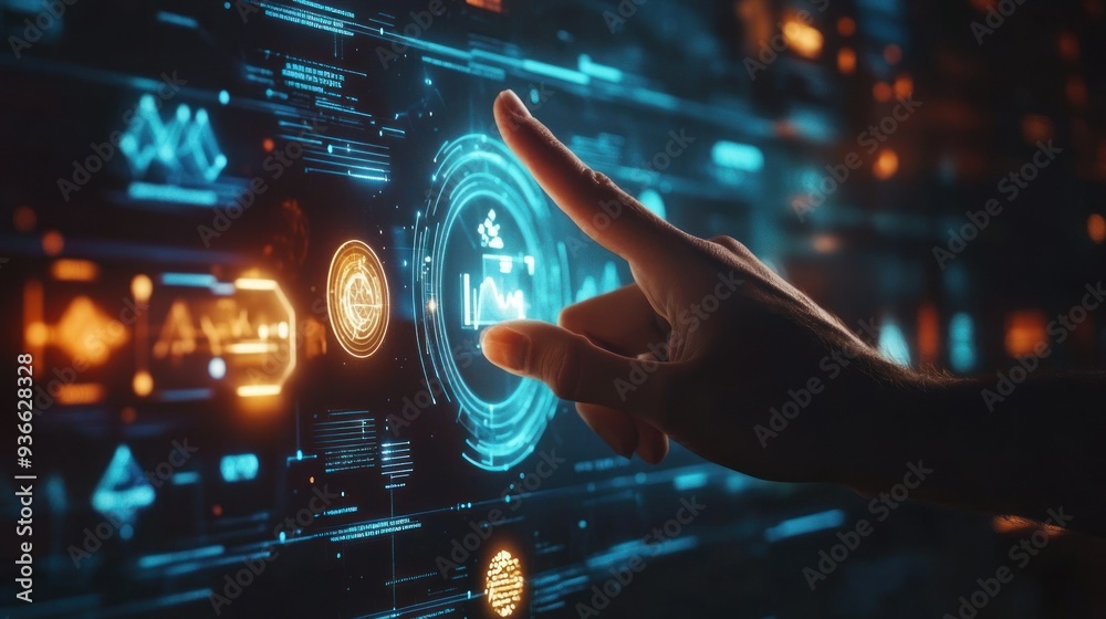 Poster hand interacting with a futuristic digital interface