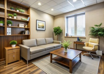 Fototapeta premium Private medical office interior featuring a comfortable waiting area with couch and sofa, adjacent to a well-organized doctor's workstation with shelves and desk.