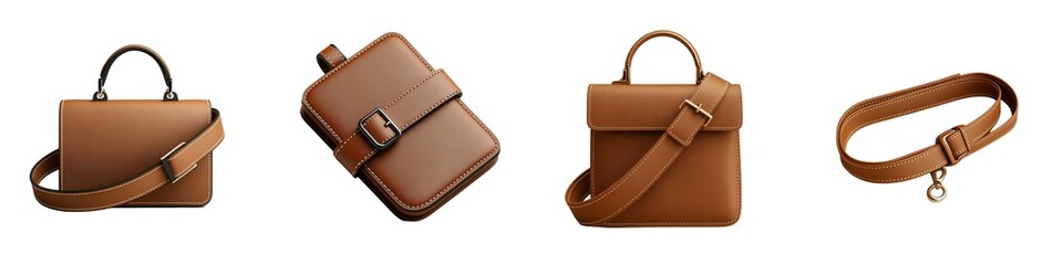Collection of stylish brown leather bags, showcasing different designs and functions for everyday use.