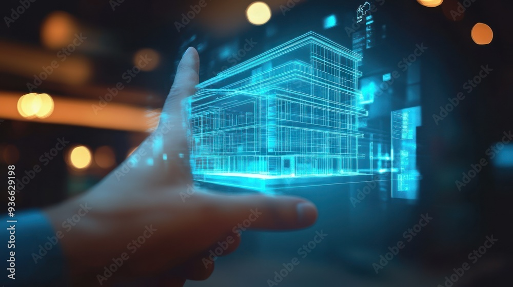 Poster a hand interacting with a holographic 3d model of a building