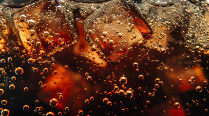 Sharp texture of juicy drink with bubbles and ice cubes