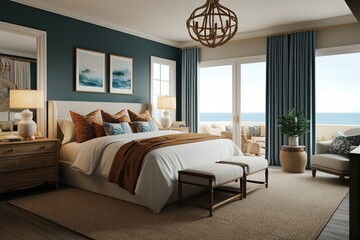 Coastal Bedroom Interior: 3D Render of a Cozy Space with Elegant D�cor and Warm Touches