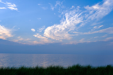 Sky and grass at sunset over the Lake Huron