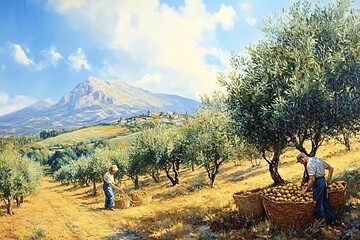 Two farmers harvesting olives in a tuscany grove on a sunny day, capturing the essence of rural agriculture in a serene landscape