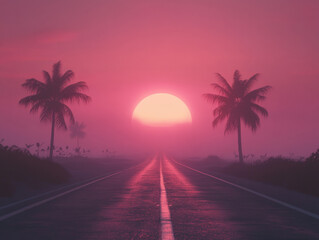 Minimalistic photo of a road into a pink sunset vibes