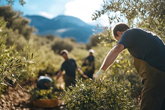 Farmers harvesting olives in sunny countryside, working together to produce organic oil. Traditional practices ensure a bountiful autumn harvest