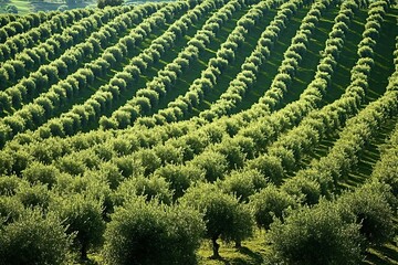Aerial view of rows of olive trees forming a beautiful pattern in an orchard, with the sun casting long shadows on the ground