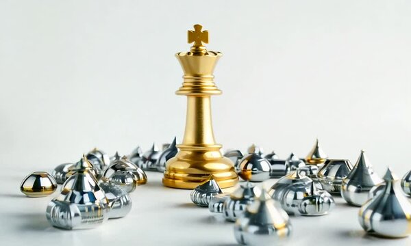 A golden chess king dominates the center, surrounded by scattered silver pieces, highlighting a decisive moment in a competitive chess match that showcases strategy and skill