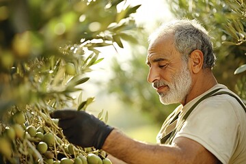 Senior farmer carefully examines olives on a branch in an orchard, showcasing expertise in agriculture
