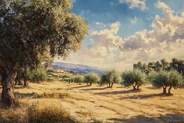 Fototapeta premium Warm sunlight illuminating lush olive trees in a serene field, with majestic mountains and fluffy clouds in the distance under a blue sky. Ideal for a peaceful countryside setting on a summer day