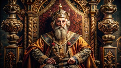Obraz premium Regal monarch with flowing beard and ornate crown sits on throne, surrounded by lavish tapestries and ornamental symbols of power and authority in ancient kingdom.