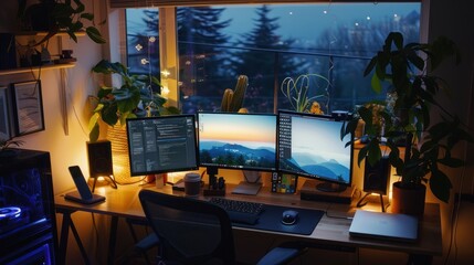 Fototapeta premium Cozy Home Office with City View