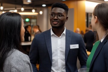 Fototapeta premium Engaging conversation during a networking event at a modern office space in the evening