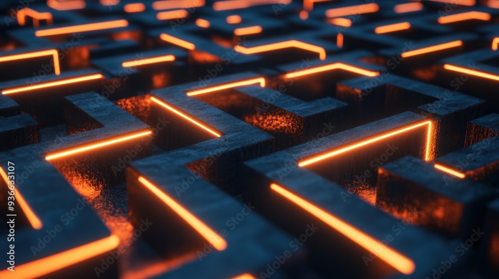 Poster A 3D Abstract Maze with Glowing Orange Lines