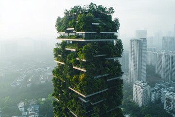 Obraz premium Aerial view of a green skyscraper surrounded by urban landscape and misty skyline in the morning