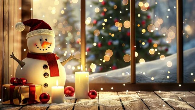 Christmas decoration snowman decorative tree by window sill background of free space for your decoration and winter landscape of forest with mountains and snowman. Christmas time snowfall