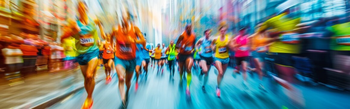 The photograph captures marathon runners in a dynamic blur, exuding energy and movement in a vibrant race scene