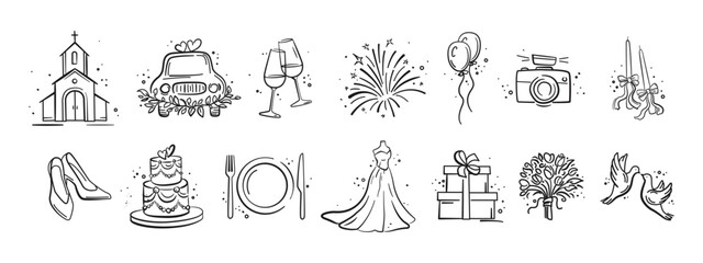 Hand Drawn Marriage Icons Set. Wedding elements collection. Wedding, bride, love, celebration. Timeline menu on wedding theme. Vector wedding illustrations for invitations, greeting cards, posters