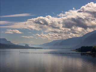 Dramatic Skies over the Columbia River Gorge near Portland Oregon and the Multnomah Falls