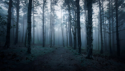 Fototapeta premium Mysterious fog-covered forest path surrounded by tall pine trees at dawn in a serene landscape