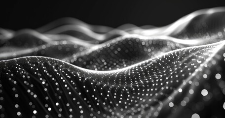 A monochromatic wave-like pattern with glowing dots, suggesting depth and movement in a digital or abstract context.