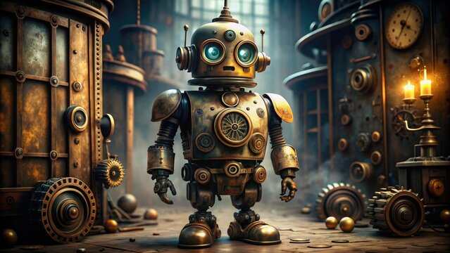 Retro-futuristic metal robot with brass accents, artificial eyes, and distressed finish, standing amidst old clockwork gears, nostalgic machinery, and dusty vintage laboratory equipment.