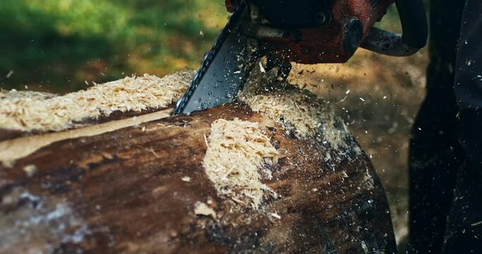 Super slow motion close up of professional woodcutter sawing tree trunk with chainsaw flying wood sawdust on sawmill at wood industrial factory at 1000 fps.