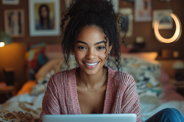 A photo of a happy teenage girl wearing jeans and a pink sweater vest, sitting on her bed in front of a laptop