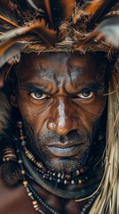 A fierce portrait of an angry man from an African tribe, his intense gaze reflecting raw emotion. Tribal markings and wild adornments emphasize his powerful connection to ancestral traditions.