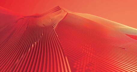 A stylized, abstract landscape featuring red tones and textured lines, evoking a sense of depth and movement.