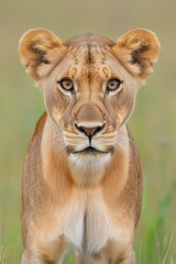 Obraz premium A beautiful lioness stands gracefully in the savannah, illuminated by the warm tones of the setting sun. Lioness in a wild landscape and golden light highlight natural strength and elegance.