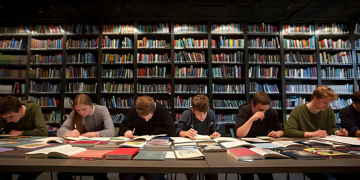 Grupo de estudantes estudando juntos em uma biblioteca