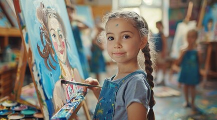 Obraz premium Young girls happily painting on canvas during an art class, showcasing their creativity and enjoying the activity.