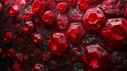 Red crystalline hexagonal structures in a dark background - generative ai