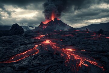 Black lava flows steadily from an erupting volcano, its molten surface glowing with intense heat. The dark, viscous streams carve paths down the mountain, showcasing nature's raw power.