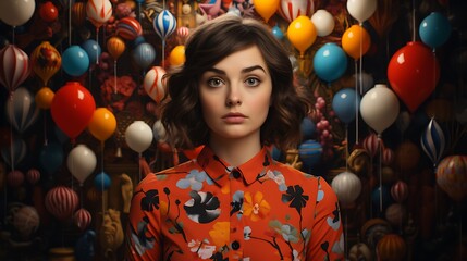 A whimsically dressed individual with a puzzled expression, surrounded by floating question marks against a quirky patterned background