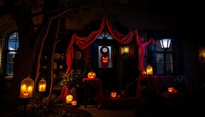 A spooky and festive Halloween porch decorated with jack-o-lanterns, red fabric, and candles.