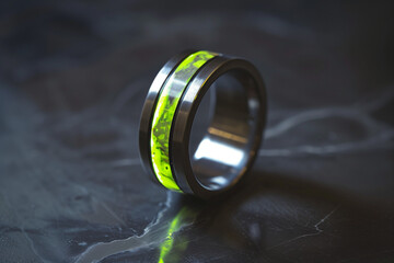 green glowing uranium ring on slate background. futuristic jewellery
