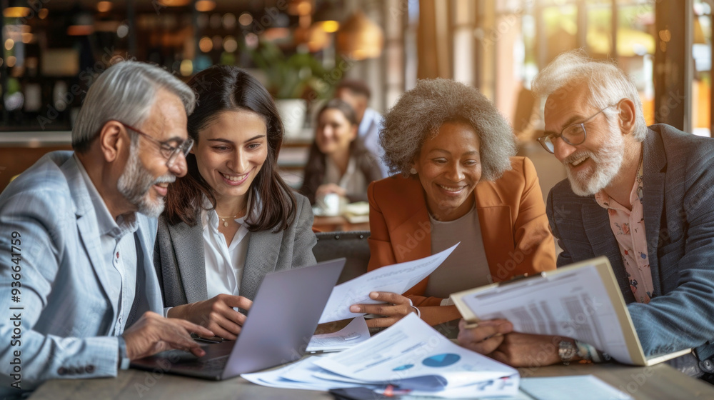 Poster A group of four diverse professionals shares smiles while engaged in collaborative work around a table, sharing insights and laughter in a vibrant cafe atmosphere