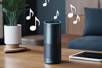3D Visualization of Voice Assistant Device with Floating Music Notes for Smart Home Automation and Connectivity