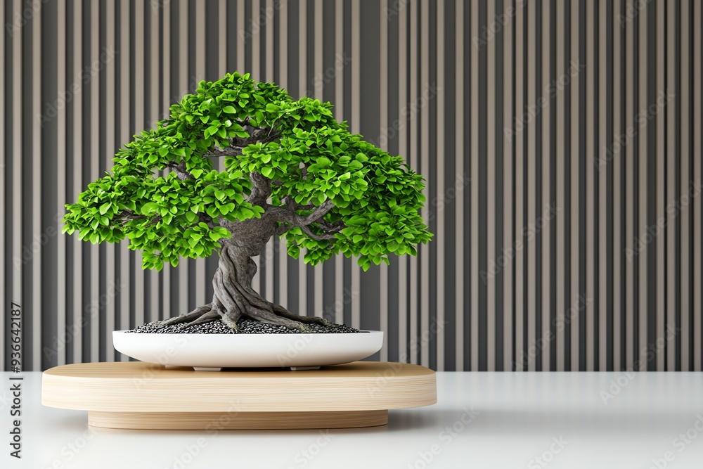 Poster an elegant bonsai tree displayed in a modern home, with clean lines and a neutral color palette, bri