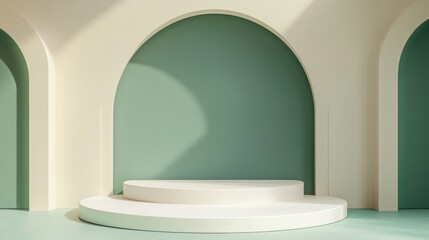 Minimalist Product Display with White Platform and Green Arched Background